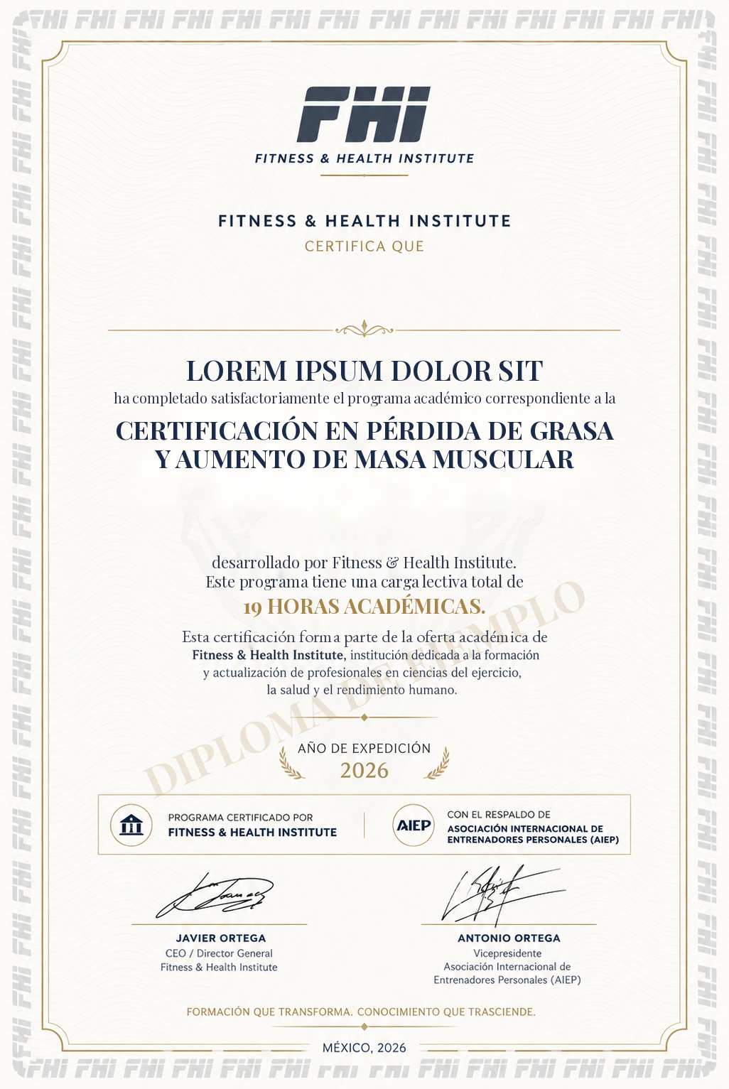 Diploma de la Certificación FHI en Pérdida de Grasa y Aumento de Masa Muscular con respaldo AIEP